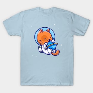 Cute Cat Astronaut Hug Planet In Space Cartoon T-Shirt